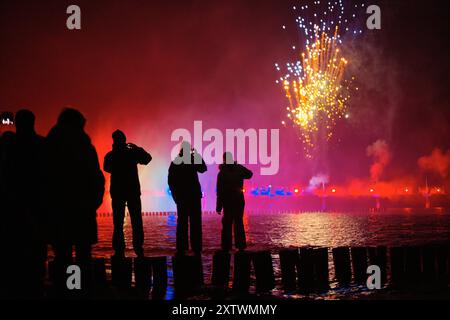 Gli spettatori con silhouette sagomate assistono a uno spettacolo di fuochi d'artificio su un corpo d'acqua di notte. Foto Stock