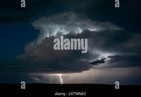 I fulmini illuminano una torreggiante nuvola cumulonimbus contro il cielo notturno. Foto Stock