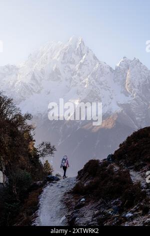 Un escursionista cammina su un sentiero di montagna con maestose cime innevate sullo sfondo sotto un cielo limpido. Foto Stock