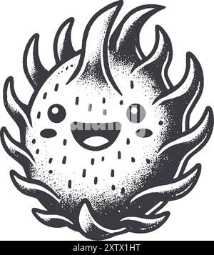 Dragon Fruit in stile grunge personaggio sorridente Fruit con texture, ruvida disegnata a mano con effetto Stampa granulosa. Illustrazione Vettoriale