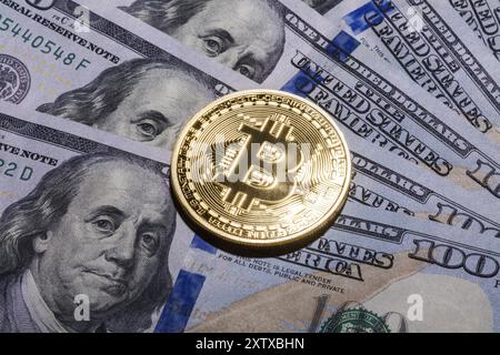 Uno Bitcoin su centinaia di dollari fatture. Primo piano e macro shot Foto Stock