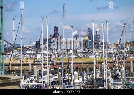 Porto marittimo Marina IJmuiden, porticciolo, barche a vela, yacht, dietro l'acciaio Tata Steel e fonderia a IJmuiden, Velsen, Olanda settentrionale, Paesi Bassi Foto Stock