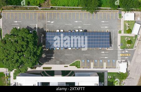 Parcheggio vuoto con pannello solare nella parte centrale sopra la vista dall'alto Foto Stock