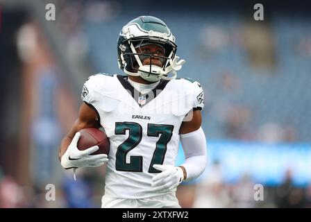 15 agosto 2024; Foxborough, ma, Stati Uniti; il cornerback dei Philadelphia Eagles Zech McPhearson (27) si scaldò prima della gara di pre-stagione tra Philadelphia Eagles e New England Patriots a Foxborough, Massachusetts. Anthony Nesmith/CSM Foto Stock