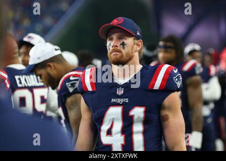 15 agosto 2024; Foxborough, ma, Stati Uniti; la safety dei New England Patriots Brenden Schooler (41) durante la gara di pre-stagione tra Philadelphia Eagles e New England Patriots a Foxborough, Massachusetts. Anthony Nesmith/CSM Foto Stock