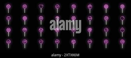 Set di icone al neon lecca-lecca che si illuminano in viola e bianco su sfondo nero Illustrazione Vettoriale