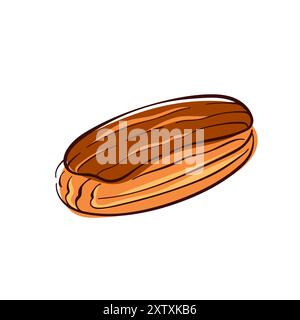 Eclair con crema al cioccolato in stile piatto. Elemento di design della panetteria francese per il menu del cibo. Illustrazione vettoriale isolata su sfondo bianco. Illustrazione Vettoriale