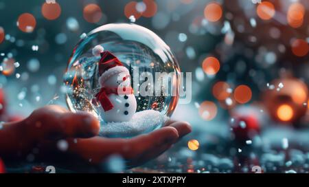 Mano che regge un globo di neve con un pupazzo di neve all'interno. Una bella palla di Natale con bellissime decorazioni natalizie. La sera di Natale. Foto Stock