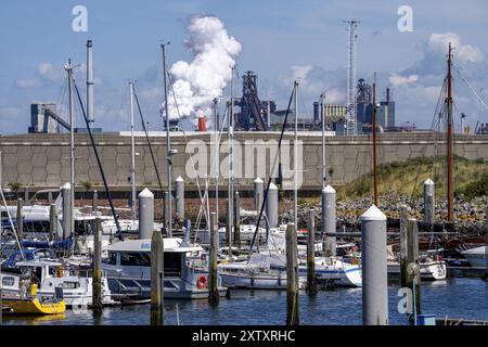 Porto marittimo Marina IJmuiden, porticciolo, barche a vela, yacht, dietro l'acciaio Tata Steel e fonderia a IJmuiden, Velsen, Olanda settentrionale, Paesi Bassi Foto Stock