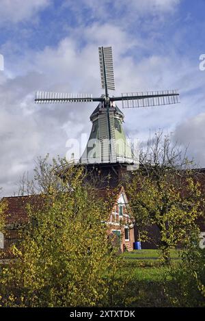 Europa, Germania, bassa Sassonia, regione metropolitana di Amburgo, Altes Land, Stade District, Hollern-Twielenfleth, storico mulino a vento Venti amica, Europa Foto Stock