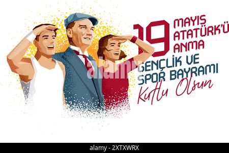 19 mayis Ataturk'u ANMA, Genclik ve Spor Bayrami, biglietto di auguri. 19 maggio commemorazione di Ataturk, giornata della Gioventù e dello Sport. Illustrazione vettoriale. Tu Illustrazione Vettoriale