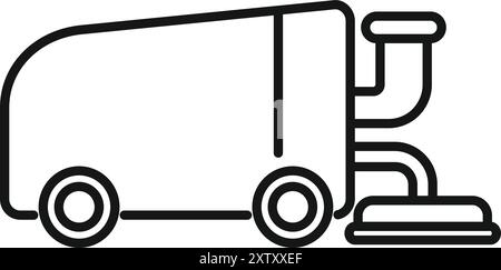 Semplice illustrazione di una macchina per la pulizia delle strade che pulisce la strada da una vista laterale in modo lineare Illustrazione Vettoriale
