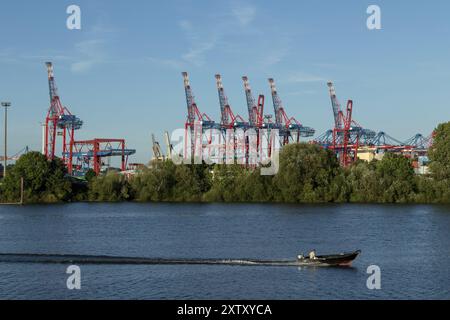 Foto simboliche del tempo, estate, vista dal Finkenwerder al motoscafo, vegetazione verde sulle rive dell'Elba, dietro gru e portacontainer c Foto Stock