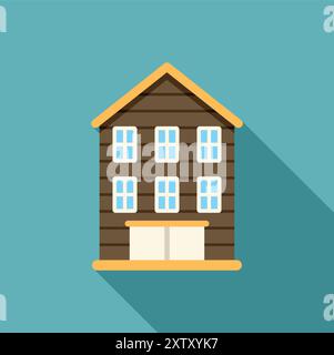 Semplice casa di legno a tre piani che getta una lunga ombra sulla destra su sfondo turchese Illustrazione Vettoriale