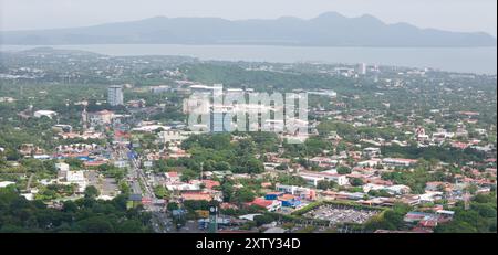 Managua, Nicaragua - 16 agosto 2024: Centro affari della città di Managua vista aerea dei droni Foto Stock