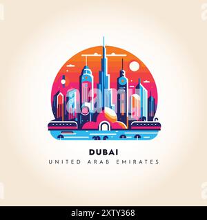 Modernità di Dubai: Vivace skyline vettoriale con iconici monumenti degli Emirati Arabi Uniti Illustrazione Vettoriale