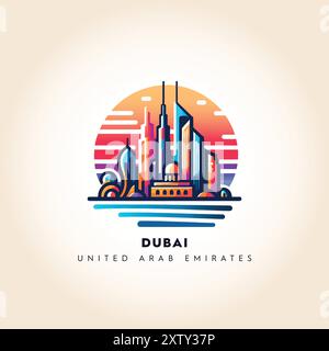 Modernità di Dubai: Vivace skyline vettoriale con iconici monumenti degli Emirati Arabi Uniti Illustrazione Vettoriale