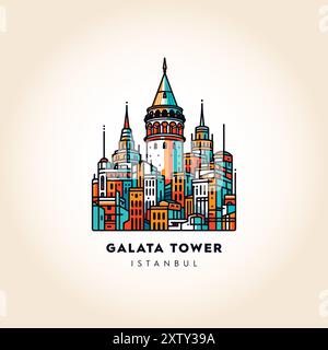 Galata Tower Majesty: Il punto di riferimento storico di Istanbul nella colorata arte vettoriale Illustrazione Vettoriale