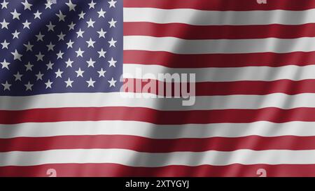 Rendering 3D di American Flag Flapping in Wind, concetto del 4 luglio e giorno dell'indipendenza. Bandiera nazionale degli Stati Uniti d'America con strisce rosse e bianche con stelle sopra la patch blu Foto Stock