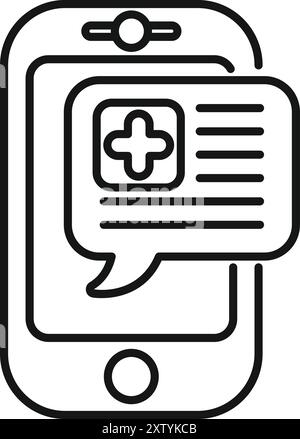 Icona semplice e audace di uno smartphone che visualizza un'app medica, con una croce e una bolla di chat Illustrazione Vettoriale
