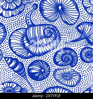 Motivo a conchiglia blu azzurro bianco con sfondo batik senza cuciture in lino, moderno cottage costiero sulla spiaggia rustico stampa a conchiglia design a motivi per la casa Foto Stock