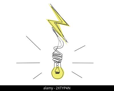 Una lampadina circondata da un fulmine giallo e raggi di energia Illustrazione Vettoriale