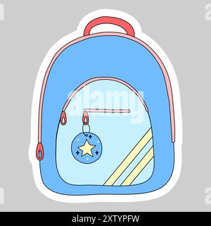 Adesivo con zaino scolastico, illustrazione vettoriale stile doodle Illustrazione Vettoriale