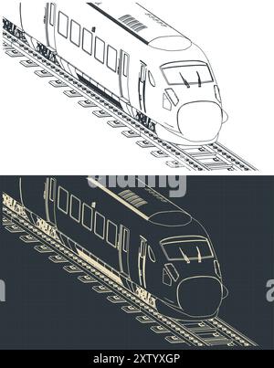 Illustrazioni vettoriali stilizzate di disegni tecnici isometrici di un treno ad alta velocità in primo piano Illustrazione Vettoriale