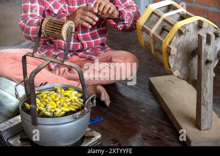 Filatura tradizionale della seta dai cacoon di seta in Cambogia. Foto Stock