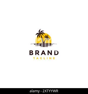 Design semplice con logo Coconut Island. Isola con due alberi di cocco su sfondo solare con logo. Illustrazione Vettoriale
