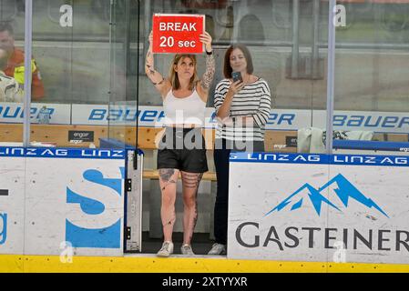 Linz, Austria. 16 agosto 2024. LINZ, AUSTRIA - 16 AGOSTO: Power Break Anzeige im Vorbereitungsspiel zwischen Black Wings Linz V EC Kassel Huskies a Eishalle Linz am 16 agosto 2024 a Linz, Austria.240816 SEPA 20 036 - 20240816 PD6801 credito: APA-PictureDesk/Alamy Live News Foto Stock