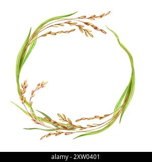 Composizione di ghirlande con piante di riso naturali. Copia il design rotondo dello spazio con gambi di ritaglio, granuli e foglie verdi. Illustrazione iso ad acquerello disegnata a mano Foto Stock