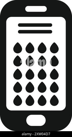 Icona in bianco e nero di uno smartphone che visualizza gocce d'acqua, ideale per rappresentare un'app di tracciamento dell'acqua Illustrazione Vettoriale