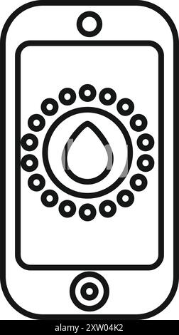 Semplice icona a forma di linea in grassetto di uno smartphone che visualizza una goccia d'acqua circondata da punti, a simboleggiare un'app per il monitoraggio dell'idratazione Illustrazione Vettoriale