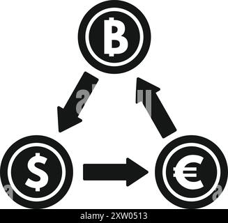 Icona del concetto di criptovaluta che mostra la conversione di bitcoin in euro e dollaro Illustrazione Vettoriale