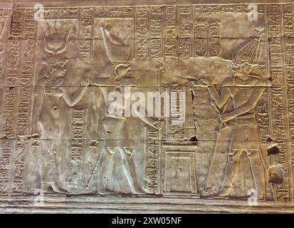 Bassorilievo di Tolomeo IV Filopatore di fronte a Horus e Hathor e facendo offerte nel Tempio di Horus a Edfu costruito durante l'era tolemaica tra il 237 e il 57 a.C. vicino ad Assuan, in Egitto Foto Stock