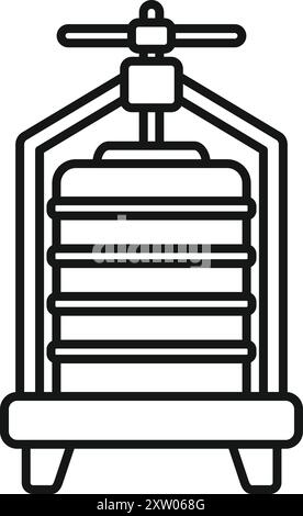 Spremitura tradizionale delle uve in legno per il processo di vinificazione, semplice icona in bianco e nero Illustrazione Vettoriale