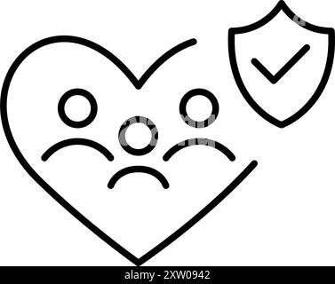 Famiglia di tre persone nel cuore e scudo di protezione con segno di spunta. Assicurazione domestica. Pixel Perfect, icona del vettore di traccia modificabile Illustrazione Vettoriale