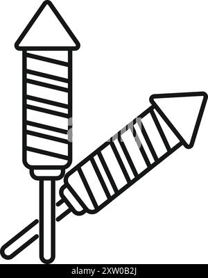 Icona line art di due razzi fuochi d'artificio pronti per il lancio alla vigilia di Capodanno Illustrazione Vettoriale