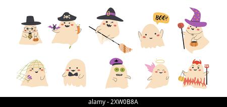 Simpatici Alloweens e fantasmi. Collezione di simpatici personaggi spaventosi. Confezione di adesivi per il giorno di Halloween. I bambini fantasmi con facce divertenti. Illustrazione Vettoriale