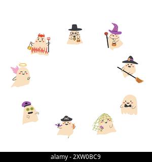 Cornice o bordo carino di Halloween con personaggi divertenti, fantasmi in costumi di halloween dal design infantile. Illustrazione Vettoriale