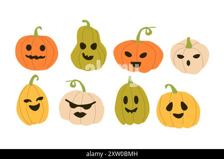 Colorate pumkins di Halloweens in colori arancio, verde, bianco e giallo. Illustrazioni vettoriali per la festa dei mostri. Illustrazione Vettoriale