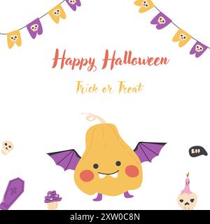 Carino modello di tessera per la festa di Halloween per bambini. I personaggi dei cartoni animati si vestono in costume natalizio di halloween e dolcetti spaventosi. Mostri carini per l'autunno Illustrazione Vettoriale