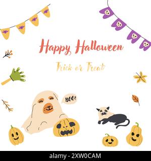 Carino disegno della carta d'invito per la festa dei fantasmi di Halloween. Personaggi divertenti e spaventosi nei costumi. Biglietto d'auguri per bambini per le festività di Halloween con caramelle a Illustrazione Vettoriale
