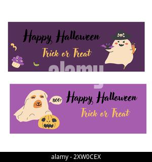 Set di striscioni orizzontali per Halloween. Illustrazioni fantasma per bambini in stile piatto. Buon giorno di Halloween banner vettoriali. Personaggi simpatici e spettrali in un bambino Illustrazione Vettoriale