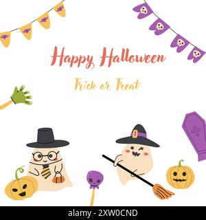 Carino disegno della carta d'invito per la festa dei fantasmi di Halloween. Personaggi divertenti e spaventosi in costumi da strega e stregone. Biglietto d'auguri per bambini per il giorno di Halloween Illustrazione Vettoriale