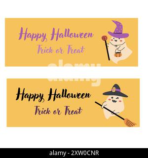 Set di striscioni orizzontali per Halloween. Illustrazioni fantasma per bambini in stile piatto. Buon giorno di Halloween banner vettoriali. Personaggi simpatici e spettrali in un bambino Illustrazione Vettoriale