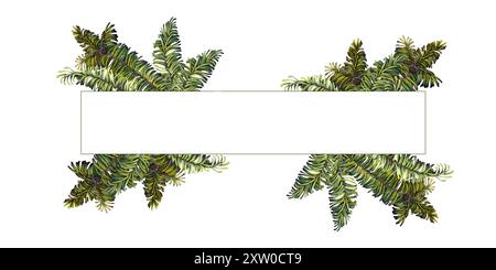 Banner con cornice natalizia realizzato con rami di abete verde. Illustrazione botanica acquerello isolata su sfondo bianco. Modello rettangolare orizzontale per Foto Stock