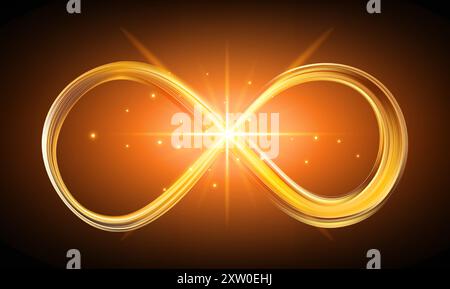 Simbolo dell'infinito che risplende l'oro. Segno luminoso dell'infinito Illustrazione Vettoriale
