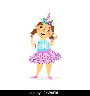 Ragazza divertente in costume di halloween. Bambina vestita da unicorno. Illustrazione vettoriale. Felice e carino bambino di carnevale. Design dei personaggi Illustrazione Vettoriale